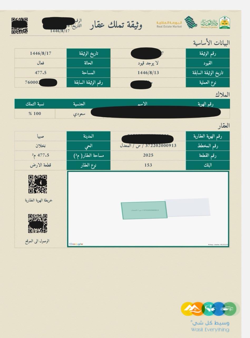 ارض في صبيا للبيع بصك